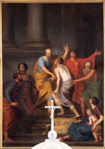Vista interior, o altar-mor, pintura "Petrus e Johannes ajudam um coxo no templo", Jan De Landtsheer de Jan Baptiste de Landtsheer
