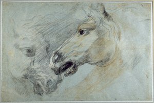 Dois estudos da cabeça de um cavalo (gizes pretos, brancos e castanhos sobre papel azul)