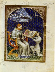 Jean de Vaudetar apresenta seu presente de livro a Carlos V da França. Da história da Bíblia de Jean de Vaudetar, 1372 de Jan Bondol