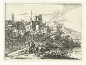 Duas vacas à beira da água no Tivoli Paisagens ao redor de Roma (título da série)