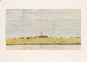 A vila de Overdiem perto de Amsterdã no Zuyderzee, vista do lado da terra (título no objeto) de Jan Brandes