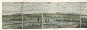 Panorama de Hottentots Holanda Kaapsche Bergen do Cabo ao Norte, estendendo-se desde o Baay Fals até o Tygerberg. 1787 (título no objeto) de Jan Brandes