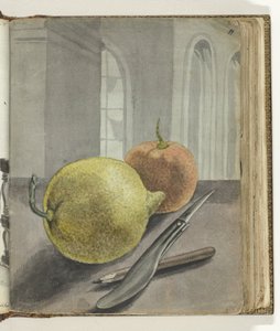 Natureza morta com fruta, faca e lápis. de Jan Brandes