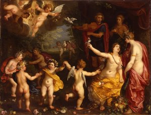 Alegoria do amor: Vênus segurando um par de pombas amarradas, com Ceres, Apolo e Diana, cercadas por putti dançando, em uma paisagem de Jan Brueghel the Elder
