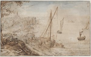Paisagem do rio. Em primeiro plano um barco sendo carregado e homens cortando pranchas de Jan Brueghel d.Æ.