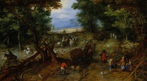 Uma estrada da floresta com viajantes, 1607. de Jan Brueghel the Elder