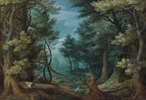 Uma paisagem florestal com caçadores a perseguir um veado de Jan Brueghel the Elder