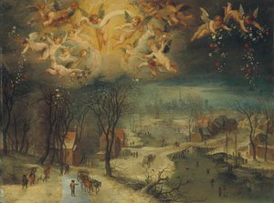 Uma paisagem de Inverno com os aldeões a recolher madeira e patinadores num rio congelado, Primeiro terço de 17 de Jan Brueghel the Elder