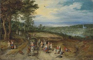 Uma extensa paisagem arborizada com viajantes num caminho e camponeses a dançar em primeiro plano / Landscape with Travellers and Peasants on a Track de Jan Brueghel the Elder