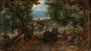 Floresta com carroças a atravessar um riacho e cavaleiros de Jan Brueghel the Elder