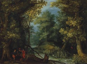 Caçadores com cães de caça junto a um riacho numa paisagem arborizada de Jan Brueghel the Elder
