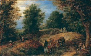 Paisagem com viajantes em um caminho da floresta, ca. 1607 de Jan Brueghel the Elder