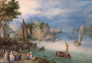 "Cena do Rio com Barcos e Números", final do século XVI ou início do século XVII de Jan Brueghel the Elder