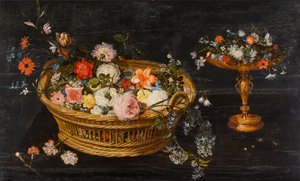 Natureza morta com flores num cesto e numa tazza dourada de Jan Brueghel the Younger