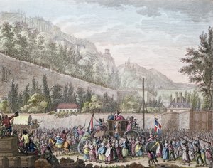 As mulheres de Les Halles em Auteuil ao trazer a família real francesa para Paris a partir de Versalhes em 6 de outubro de 1789, 1796