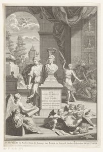Busto de Hugo de Groot elogiado por Victoria A vida e os negócios do Sr. Huig de Groot (título no objeto) Página de rosto para: Caspar Brandt e Adriaan van Cattenburg, História da vida do Sr. Huig de Groot, 1727