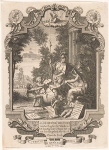 Cartouche com alegoria sobre a história da Grécia
Página de título para: Kornelis Westerbaen, historiador de Algemeene, 1742