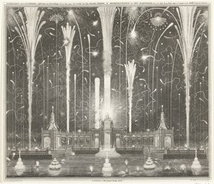 Fogos de artifício em Haia para a paz de Aachen, 1749 Representação dos fogos de artifício, disparados em Haia, 13 de junho de 1749, usados ​​por den Aakensche Vreede / Representation du feu d