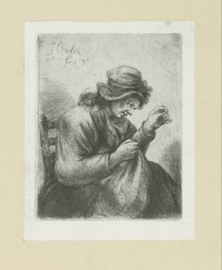 Vrouw coloca naald em draad The Compleat Work of Etchings por John Chalon / Oeuvre Complette des Eaux Fortes par Jean Chalon (título da série) de Jan Chalon