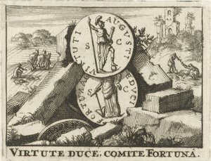 Moedas romanas repousando sobre uma pilha de pedras
Virtute Duce, Comite Fortuna (título sobre o objecto) de Jan Claesz ten Hoorn