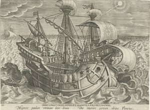 Determinando a longitude usando uma bússola Orbis longitvdines repertae magnetis a polo declinatione (título no objeto) Novas invenções e descobertas (título da série) Nova Reperta (título da série) de Jan Collaert (II) (attributed to)