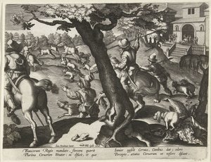 Hertenjacht conheceu honden Jachttaferelen (título da série) A caça de animais selvagens, aves e peixes no Bestiário (título da série) de Jan Collaert (II) (attributed to)