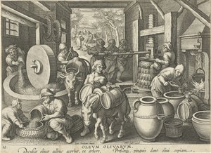 Lagar de azeitonas
Olevm Olivarvm (título sobre o objecto)
Novas invenções e descobertas (título da série)
Nova Reperta (título da série) de Jan Collaert (II) (attributed to)