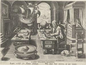 Invenção da bússola Lapis Polaris, Magnes (título no objeto) Novas invenções e descobertas (título da série) Nova Reperta (título da série) de Jan Collaert (II) (attributed to)