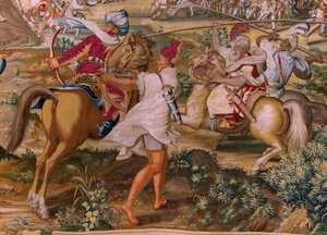 tapeçaria flamenga. Série A Conquista de Tunes. O Ataque a La Goleta (Ataque a la Goleta). Quarta tapeçaria da série. Modelo Jan Vermeyen e Pieter Coecke van Aelst. 1543-1548. Manufatura Real Fábrica de Tapices de Santa Bárbara, Madrid