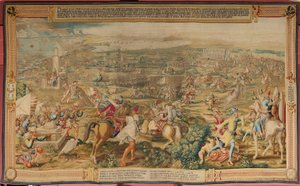 tapeçaria flamenga. Série A Conquista de Tunes. O Ataque a La Goleta (Ataque a la Goleta). Quarta tapeçaria da série. Modelo Jan Vermeyen e Pieter Coecke van Aelst. 1543-1548. Manufatura Real Fábrica de Tapices de Santa Bárbara, Madrid