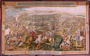 Tapeçaria flamenga. Série A Conquista de Túnis. O Ataque a La Goleta (Ataque a la Goleta). A quarta tapeçaria da série. Modelo Jan Vermeyen e Pieter Coecke van Aelst. 1543-1548. Fabrico da Real Fábrica de Tapices de Santa Bárbara, Madrid