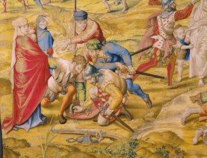 Tapeçaria flamenga. Série A conquista de Tunes: Take of Tunis. O cartunista Jan Cornelisz Vermeyen. Atelier Willem de Pannemaker, Bruxelas. Ca 1545. Detalhe.