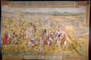 Tapeçaria flamenga. Série A conquista de Tunes: Take of Tunis. O cartunista Jan Cornelisz Vermeyen. Atelier Willem de Pannemaker, Bruxelas. Ca 1545.
