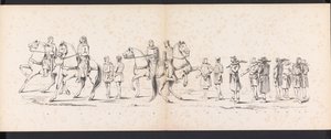Mascarada dos estudantes de Leiden, 1865 (placa 10)
Desfile com trajes realizados pelos membros do corpo estudantil de Leiden em 6 de Junho de 1865, em celebração do 290º aniversário da Universidade de Leiden, retratando: a entrada dos holandeses b