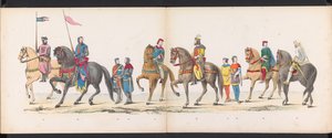 Mascarada dos estudantes de Leiden, 1865 (placa 12)
Desfile com trajes realizados pelos membros do corpo estudantil de Leiden em 6 de Junho de 1865, em celebração do 290º aniversário da Universidade de Leiden, retratando: a entrada dos holandeses b