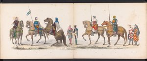 Mascarada dos estudantes de Leiden, 1865 (placa 14)
Desfile com trajes realizados pelos membros do corpo estudantil de Leiden em 6 de Junho de 1865, em celebração do 290º aniversário da Universidade de Leiden, retratando: a entrada dos holandeses b