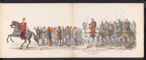 Mascarada dos estudantes de Leiden, 1865 (placa 15)
Desfile com trajes realizados pelos membros do corpo estudantil de Leiden em 6 de Junho de 1865, em celebração do 290º aniversário da Universidade de Leiden, retratando: a entrada dos holandeses b