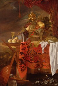 Uma cesta de frutas misturadas com copo dourado, cálice de prata, Nautilus, vidro e pêssegos em uma placa de Jan Davidsz de Heem