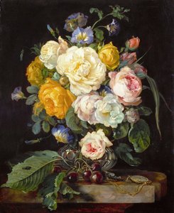 Barroco : Nature morte de pivoines, cerises et une montre a gousset - Natureza morta com peônias, cerejas e um relógio de bolso par Heem, Jan Davidsz. de (1606-1684)