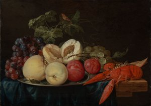 Natureza morta com fruta e uma lagosta