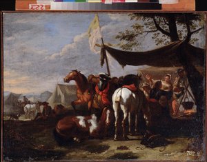 "Groupe de cavaliers au campement" (Um Campo de Cavalaria) Peinture de Jan Frans van Bloemen (1662-1749) 18eme siecle Far Eastern Art Museum, Khabarovsk Russie