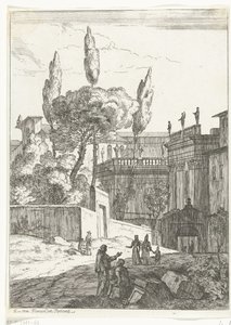 Paisagem italianizada com edifícios e figuras antigas
