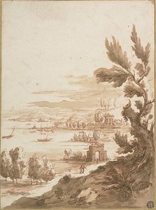 Vista de uma colina com vista para um porto de Jan Frans van Bloemen
