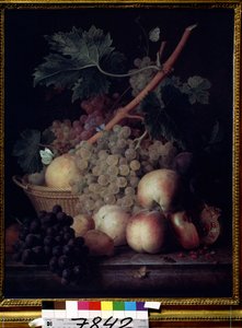 ""Fruits"" Ainda vida de pêssegos, uvas, peras e romãs com borboletas e uma vespa. Pintura de Jean François van Dael (1764-1840) 1808 Museu Pushkin, Moscou