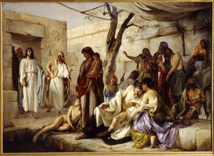 O Milagre no Tanque de Betesda. Localizado na estrada de Beth Zeta (Israel) para Jerusalém, Jesus Cristo se aproxima da bacia onde os paralíticos se reúnem e milagrosamente cura um doente. Pintura de Jan de Jan Franzevich Cloginsky