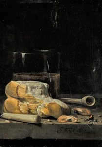 Natureza-morta de pão, camarões, um cachimbo e um copo de cerveja dispostos numa mesa de Jan Fris