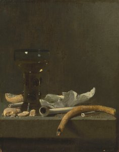 Natureza-morta com roemer, cachimbo de barro e uma vela acesa num parapeito de Jan Fris