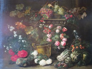 Natureza morta com flores, frutos e um papagaio de Jan Fyt