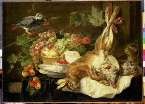 Ainda vida com lebre, frutas e papagaio, 1647