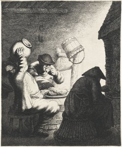 Figuras comem panquecas em um interior Gosto Os cinco sentidos (título da série) de Jan Gillisz. van Vliet
